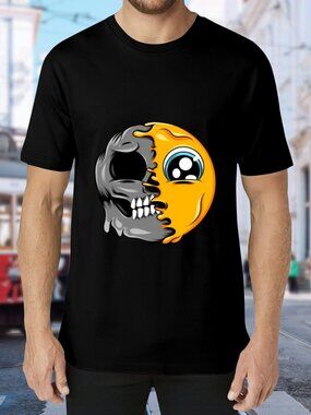 Black Short Sleeve Graphic Tee with Yellow Skull-Emoji Print